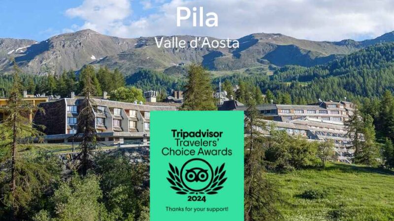 Panorama Pila, Dolina Aosty, z hotelem, drzewami i górami, nagrodzony jako wybór podróżnych 2024 roku według Tripadvisor.