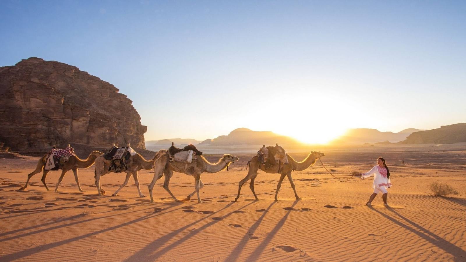 Un cammelliere guida un gruppo di cammelli nel deserto, con un'alba dorata sullo sfondo e splendide formazioni rocciose.